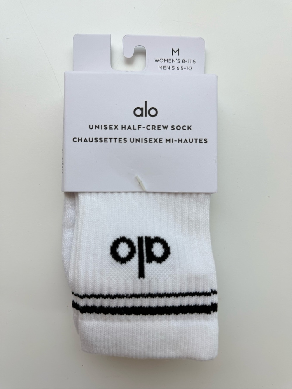 ALO Yoga White Half-Crew Athletic Socks with Black Logo & Stripes